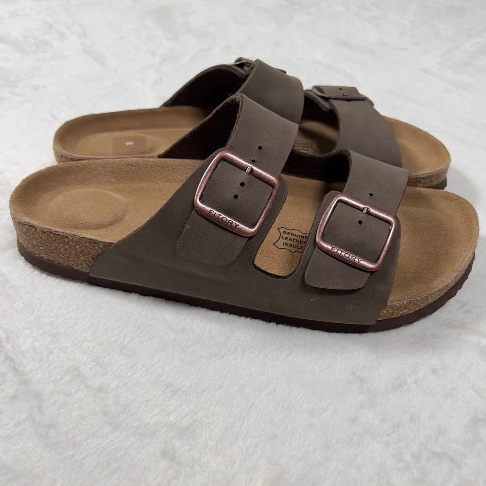 FITORY Mens Flat Sandals Brown Two Strap Buckle Cork Footbed Slide Shoes US 10